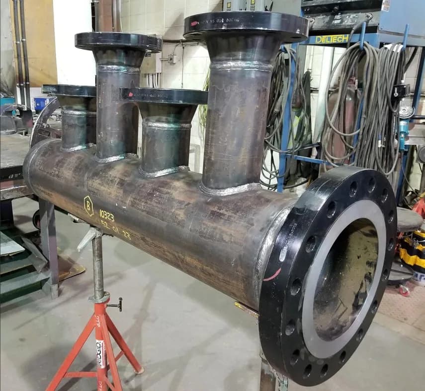 Heavy fabricated pipe spool with flanged branch connections on a support stand